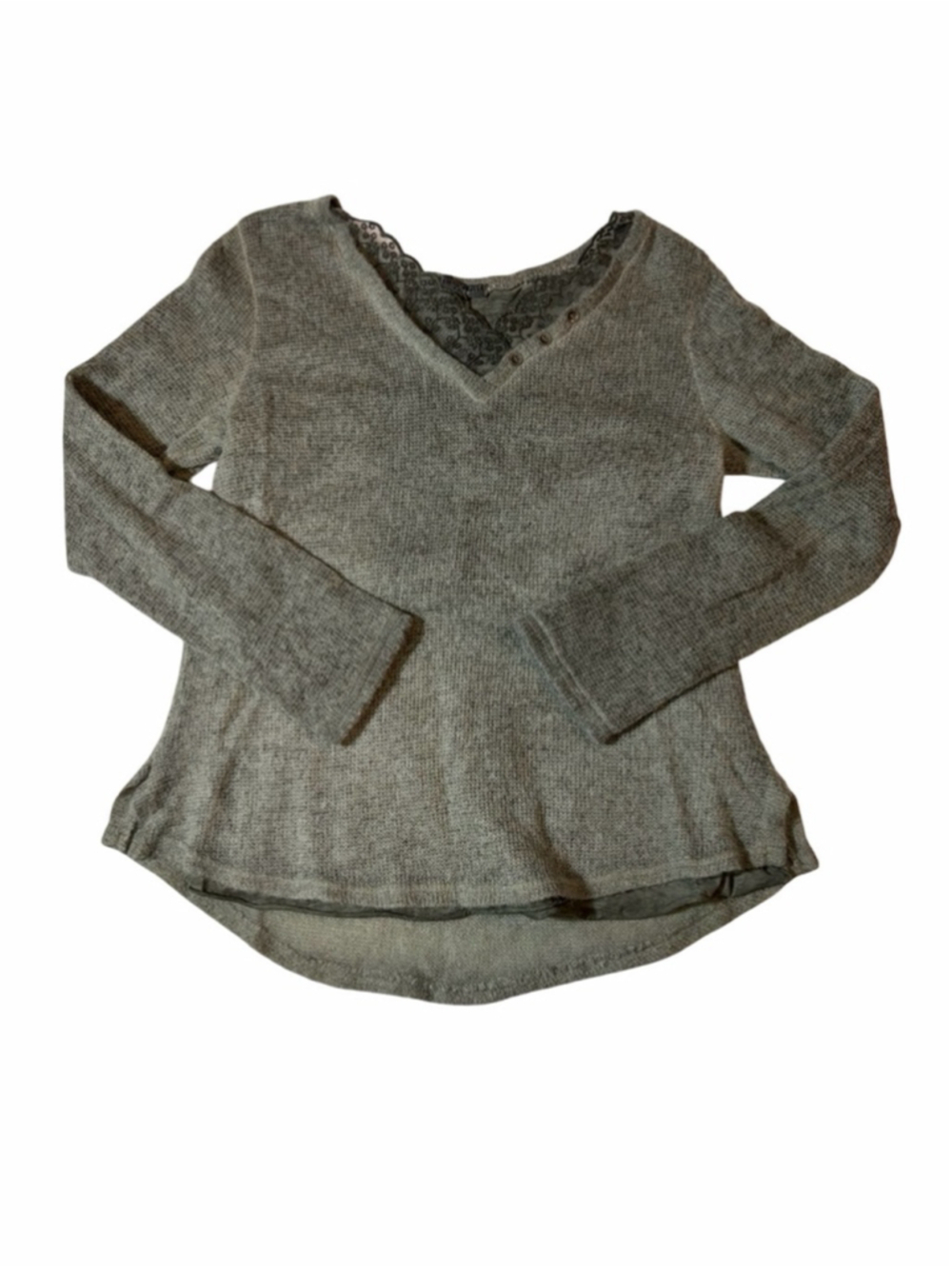 Tempo Paris Lace Trim V-Neck Knit Sweater Top Gray Long Sleeve Size XL